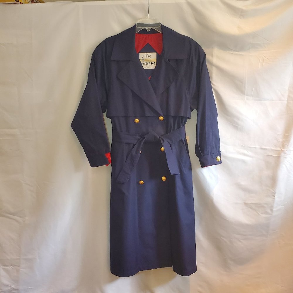 London Fog Navy Blue Womens Trench/Rain Coat, Red Lining, Size 12 Petite